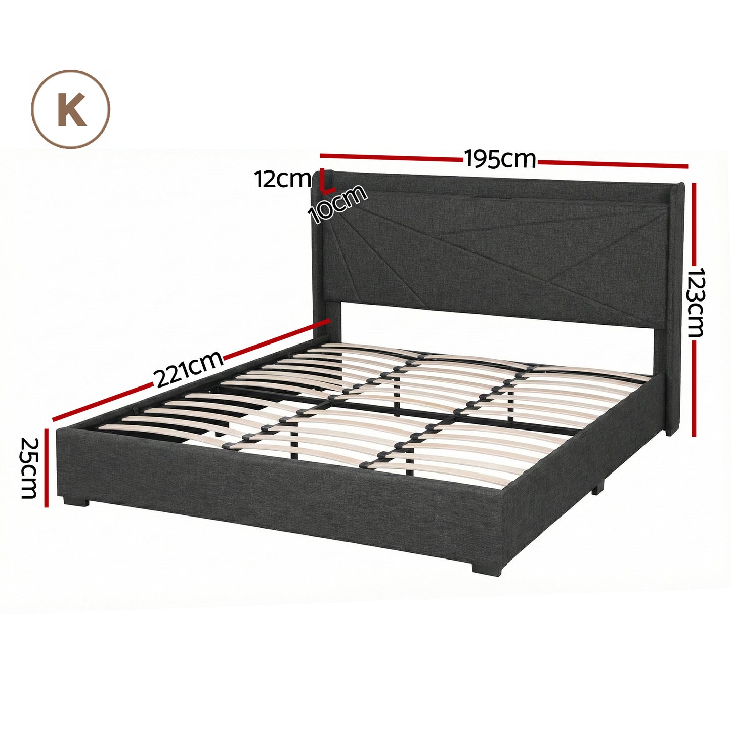 Orvani Bed Frame Gas Lift Storage Bed with Charging Ports Upholstered Geometric Headboard - Charcoal Grey King