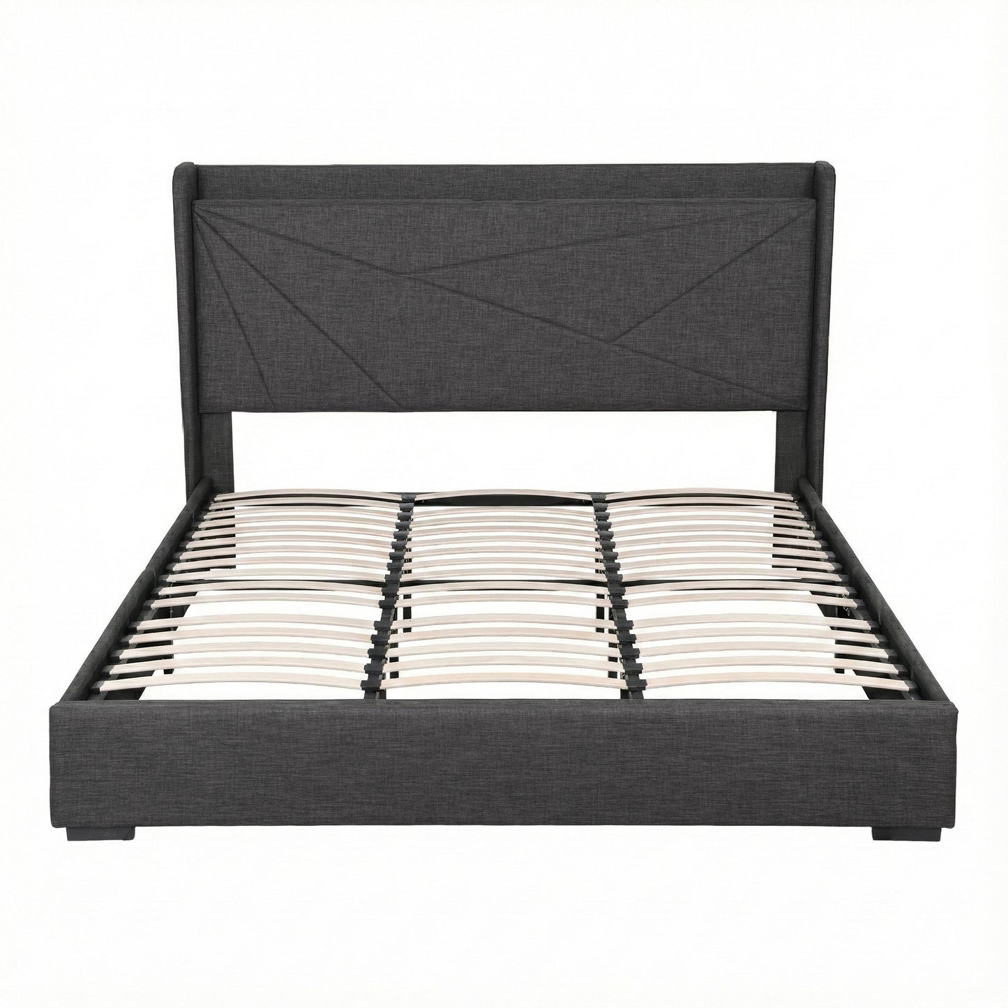 Orvani Bed Frame Gas Lift Storage Bed with Charging Ports Upholstered Geometric Headboard - Charcoal Grey King