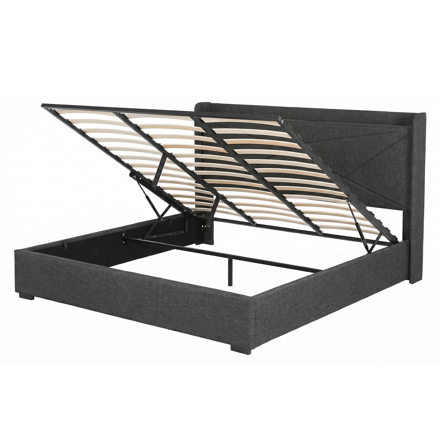 Orvani Bed Frame Gas Lift Storage Bed with Charging Ports Upholstered Geometric Headboard - Charcoal Grey King