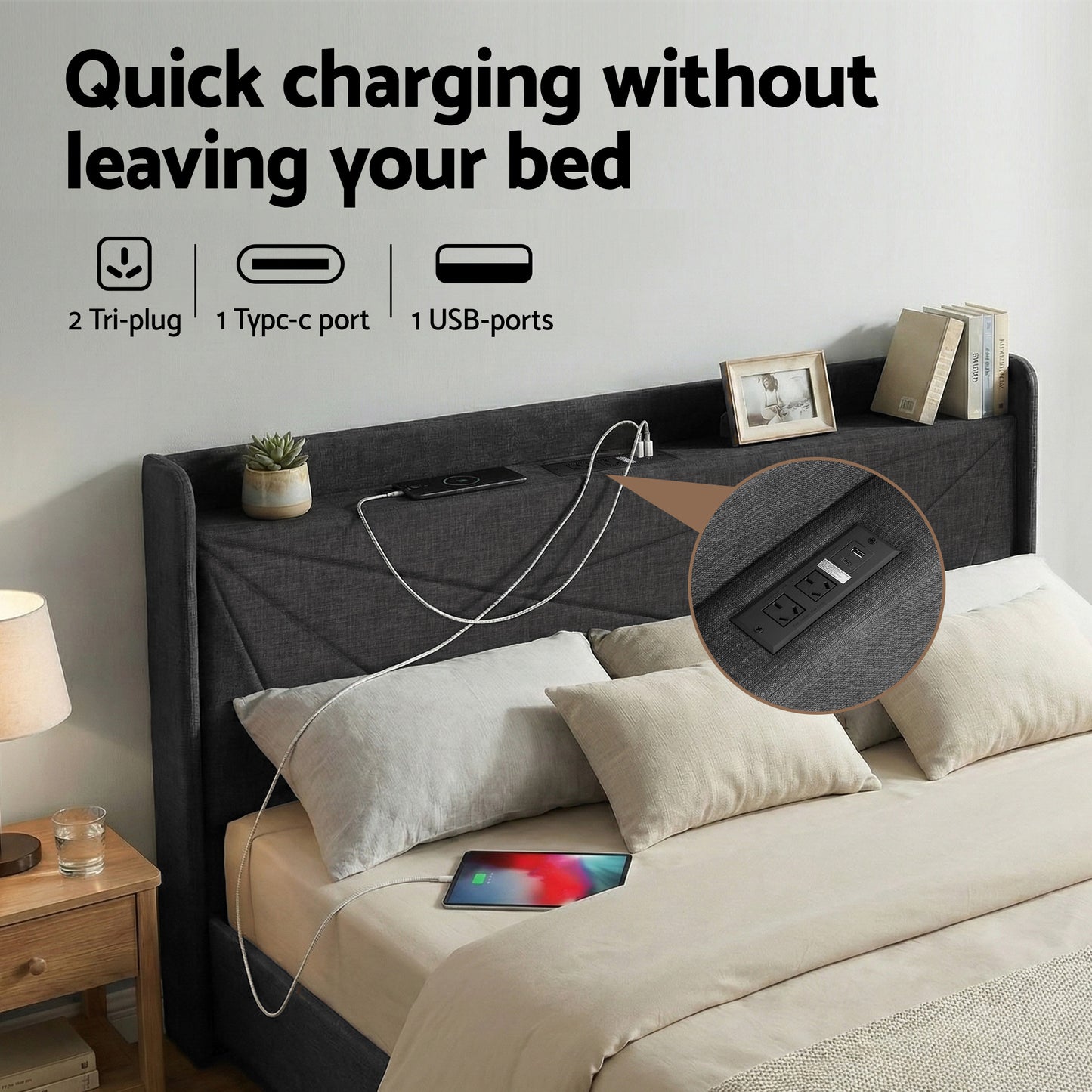 Orvani Bed Frame Gas Lift Storage Bed with Charging Ports Upholstered Geometric Headboard - Charcoal Grey King