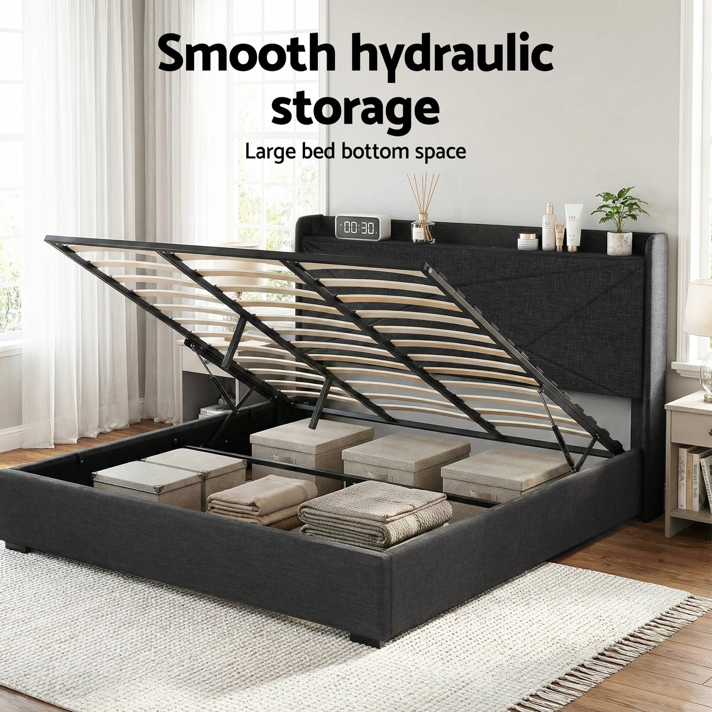 Orvani Bed Frame Gas Lift Storage Bed with Charging Ports Upholstered Geometric Headboard - Charcoal Grey King