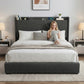 Orvani Bed Frame Gas Lift Storage Bed with Charging Ports Upholstered Geometric Headboard - Charcoal Grey King