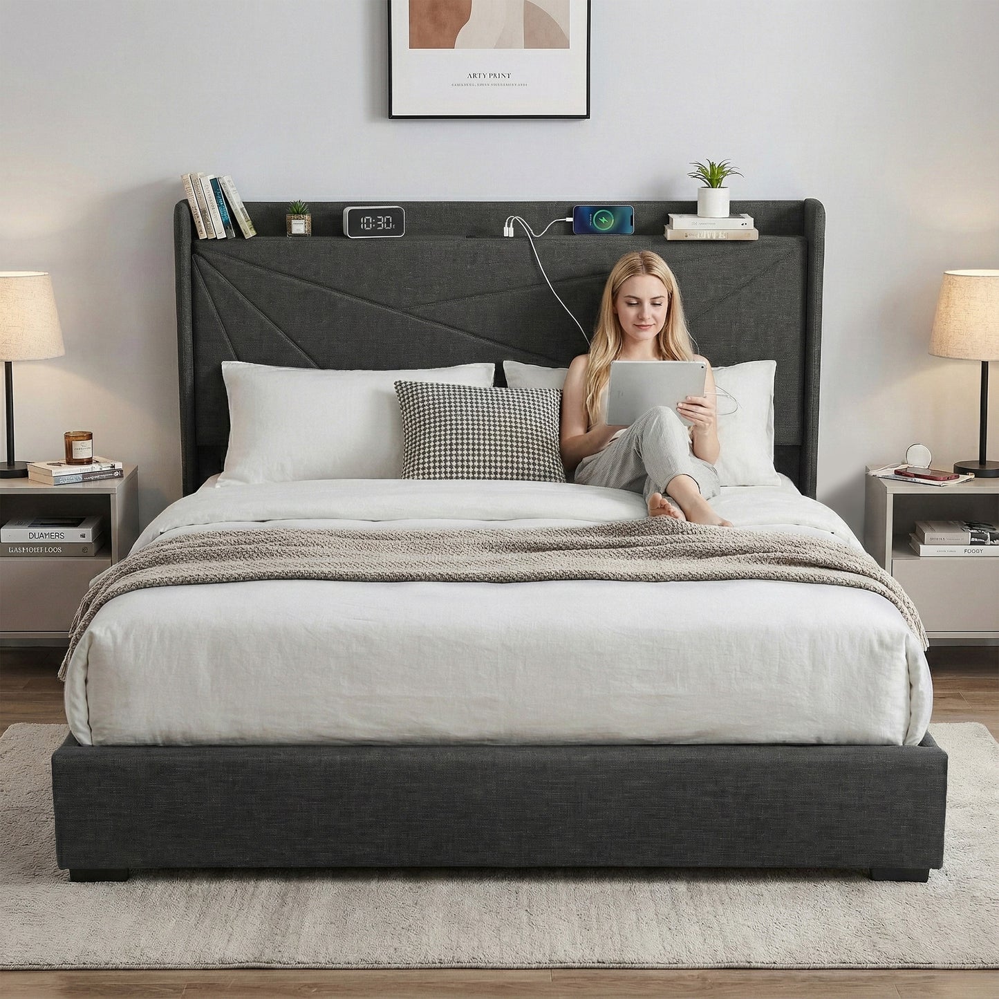 Orvani Bed Frame Gas Lift Storage Bed with Charging Ports Upholstered Geometric Headboard - Charcoal Grey King