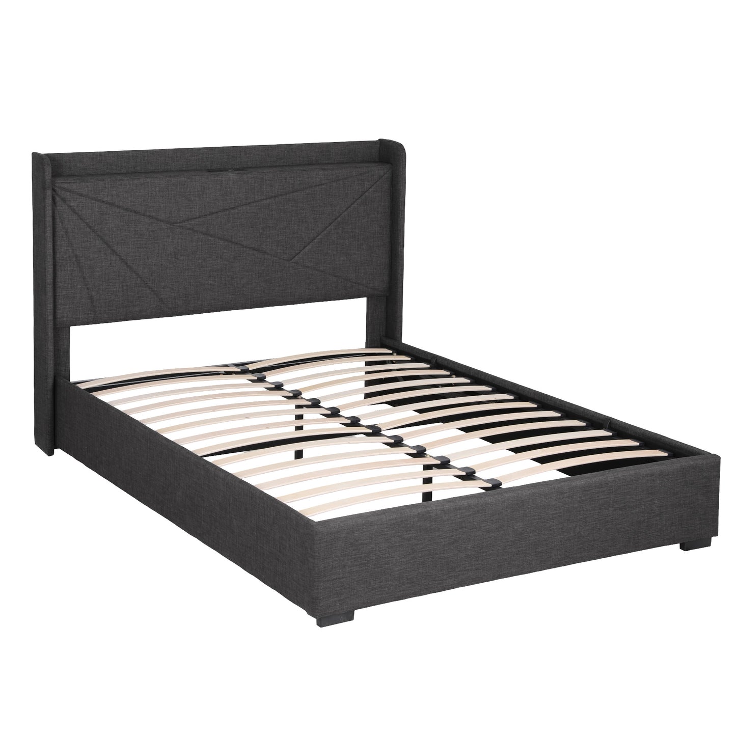 Sicily Bed Frame Gas Lift Storage Bed with Charging Ports Upholstered Geometric Headboard - Charcoal Grey Queen