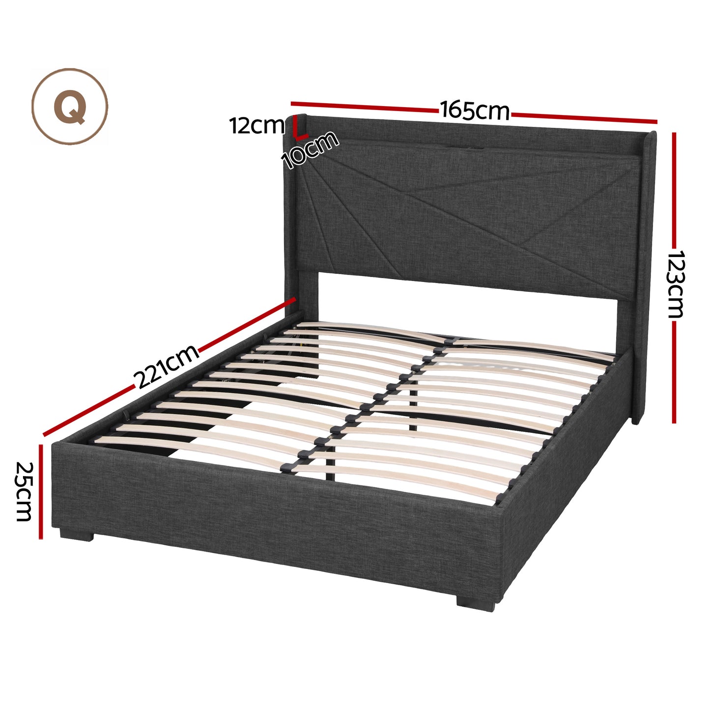 Sicily Bed Frame Gas Lift Storage Bed with Charging Ports Upholstered Geometric Headboard - Charcoal Grey Queen