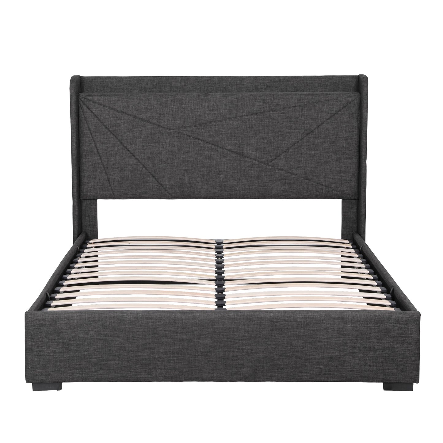 Sicily Bed Frame Gas Lift Storage Bed with Charging Ports Upholstered Geometric Headboard - Charcoal Grey Queen