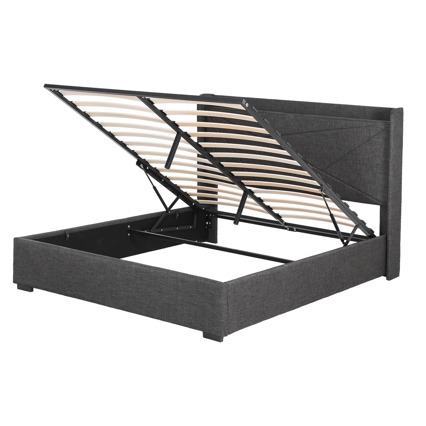 Sicily Bed Frame Gas Lift Storage Bed with Charging Ports Upholstered Geometric Headboard - Charcoal Grey Queen