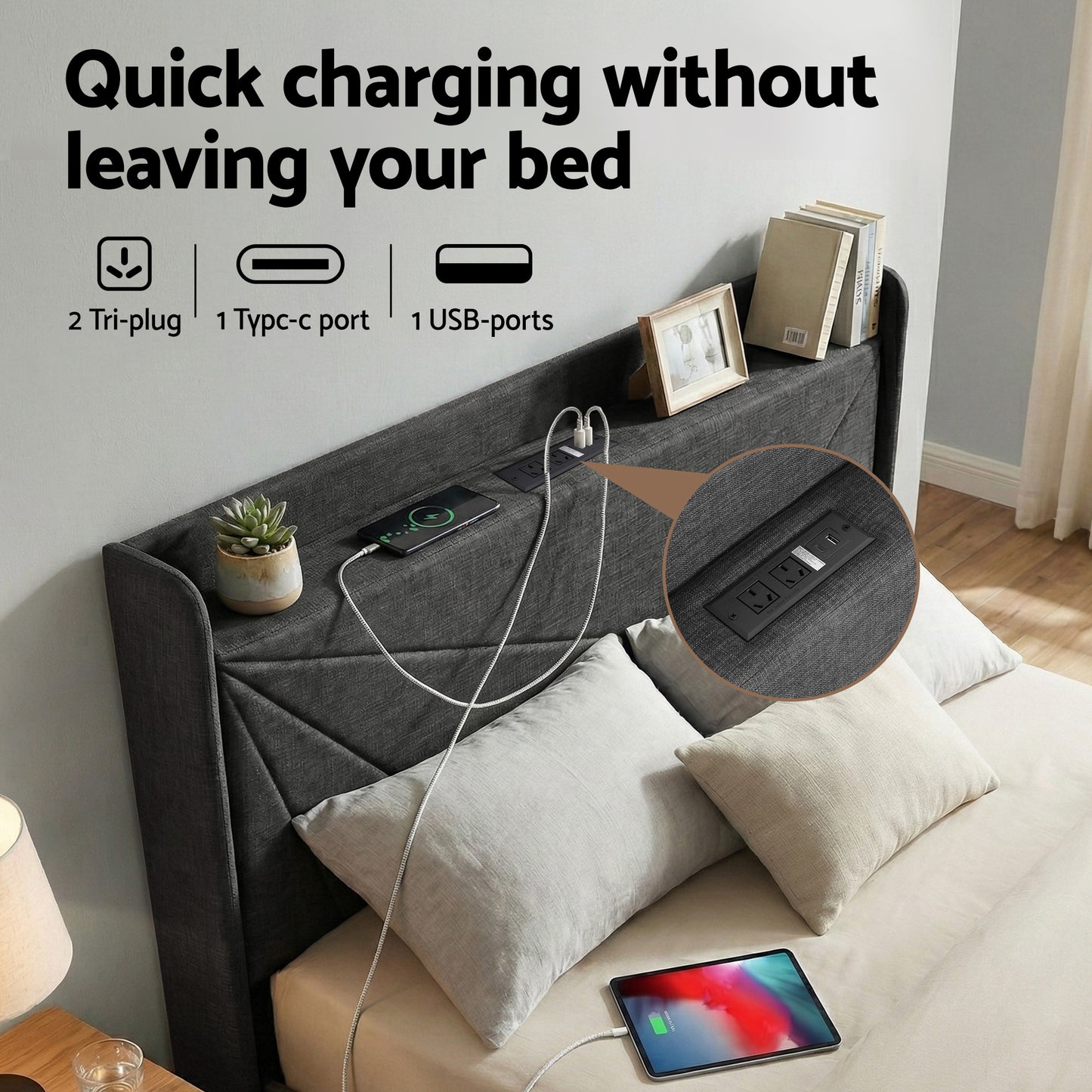 Sicily Bed Frame Gas Lift Storage Bed with Charging Ports Upholstered Geometric Headboard - Charcoal Grey Queen