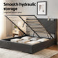 Sicily Bed Frame Gas Lift Storage Bed with Charging Ports Upholstered Geometric Headboard - Charcoal Grey Queen