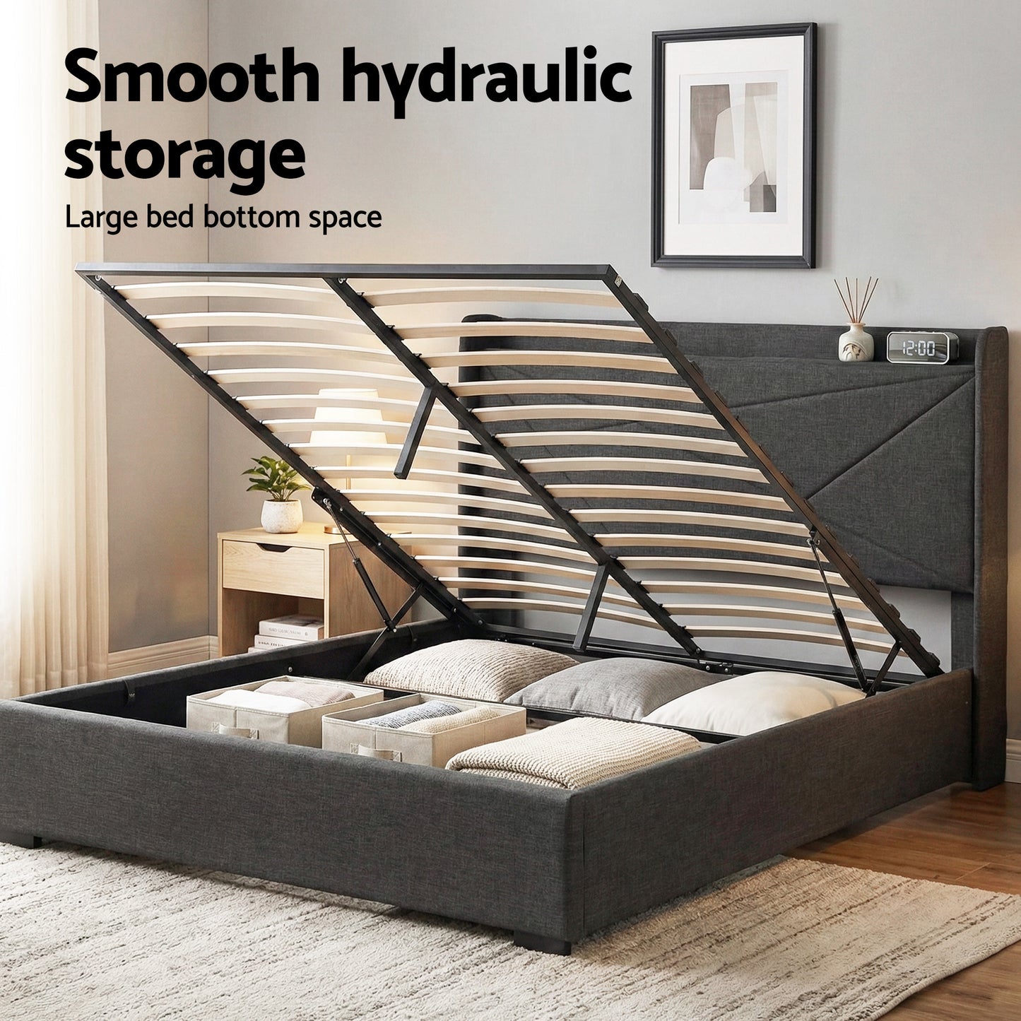 Sicily Bed Frame Gas Lift Storage Bed with Charging Ports Upholstered Geometric Headboard - Charcoal Grey Queen