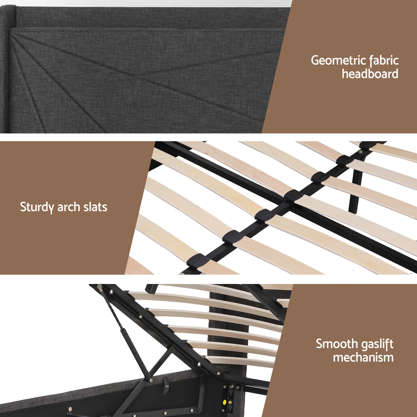 Sicily Bed Frame Gas Lift Storage Bed with Charging Ports Upholstered Geometric Headboard - Charcoal Grey Queen