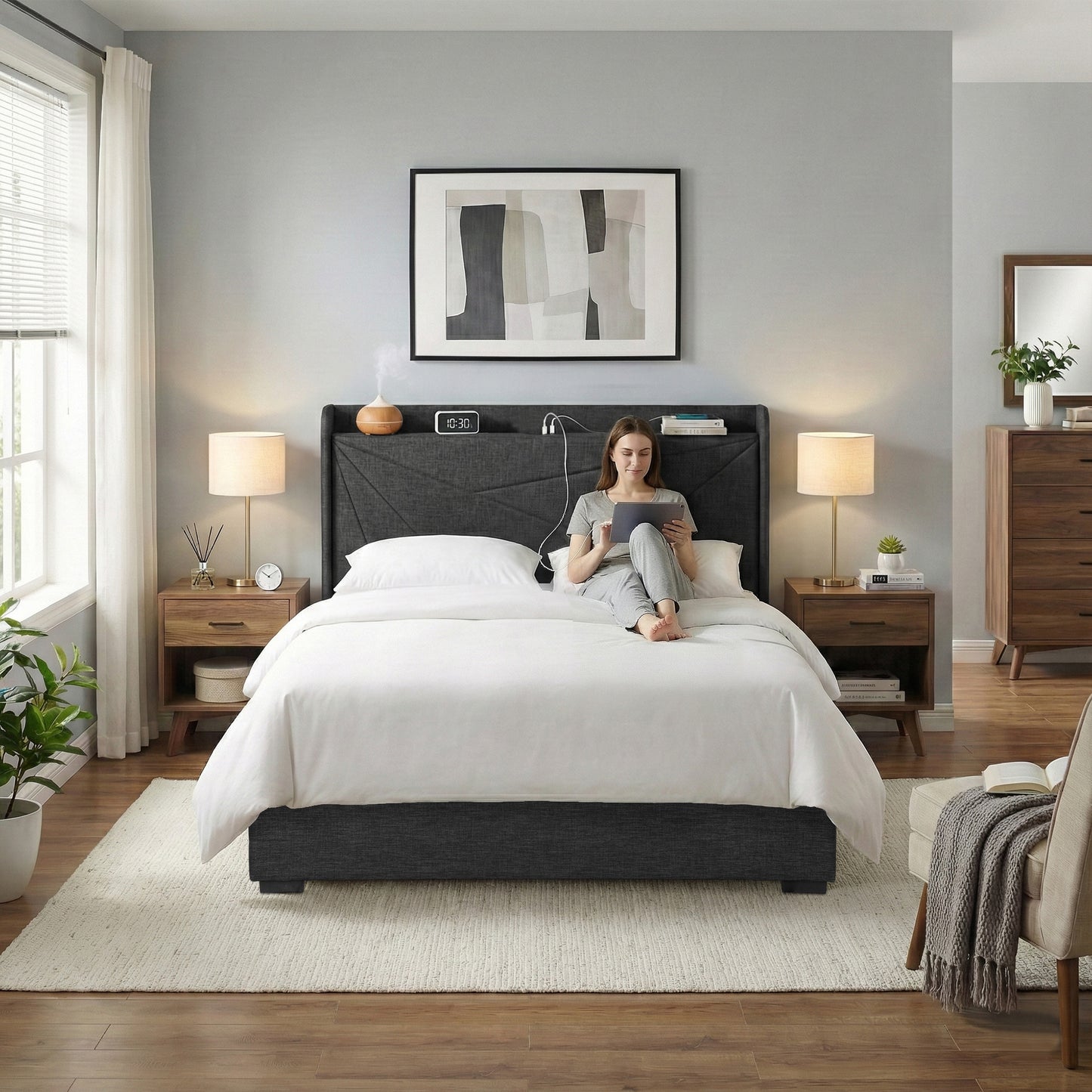 Sicily Bed Frame Gas Lift Storage Bed with Charging Ports Upholstered Geometric Headboard - Charcoal Grey Queen