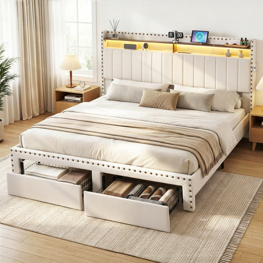 Solvian Bed Frame with Shelf Storage Drawers Charging Station Mood Lighting - Beige King