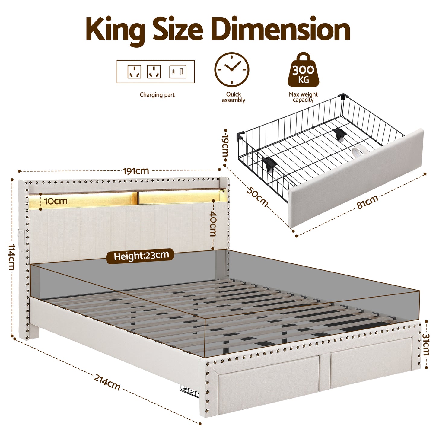 Solvian Bed Frame with Shelf Storage Drawers Charging Station Mood Lighting - Beige King