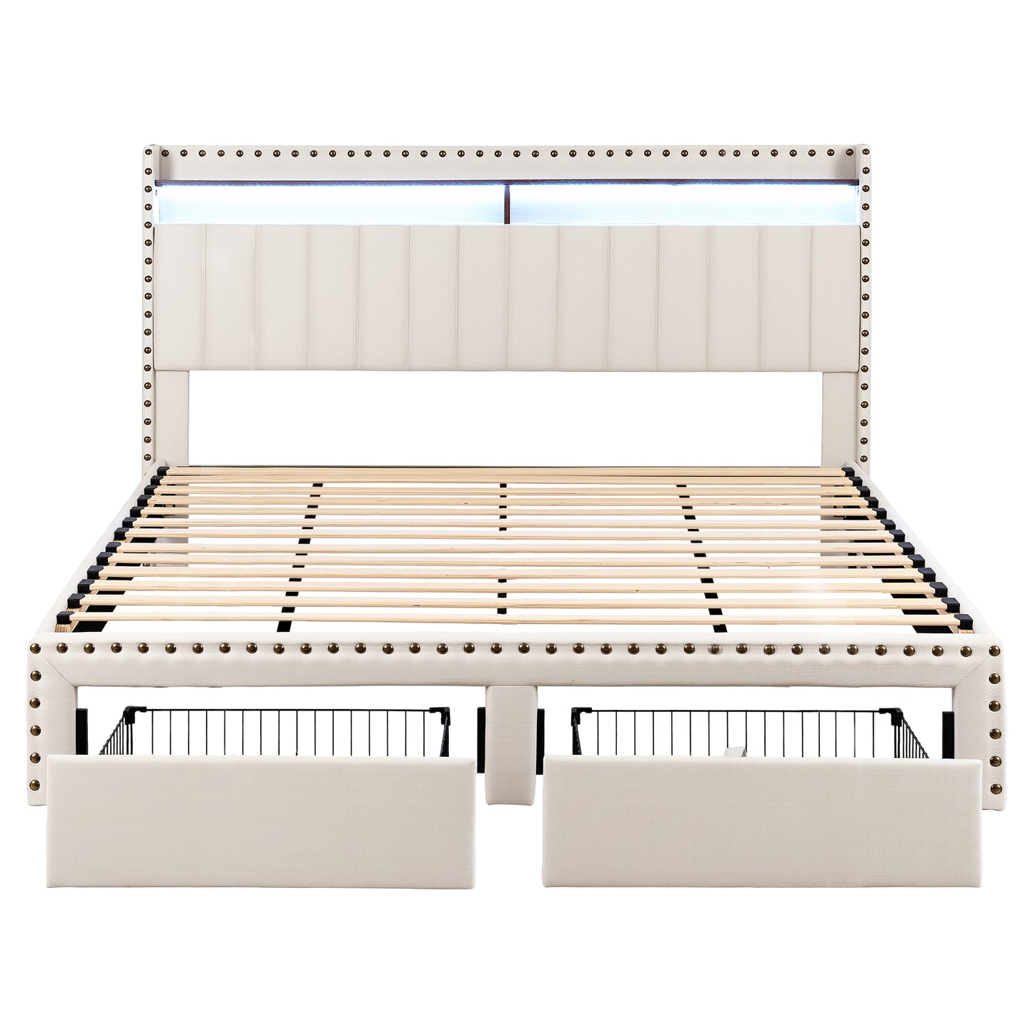 Solvian Bed Frame with Shelf Storage Drawers Charging Station Mood Lighting - Beige King