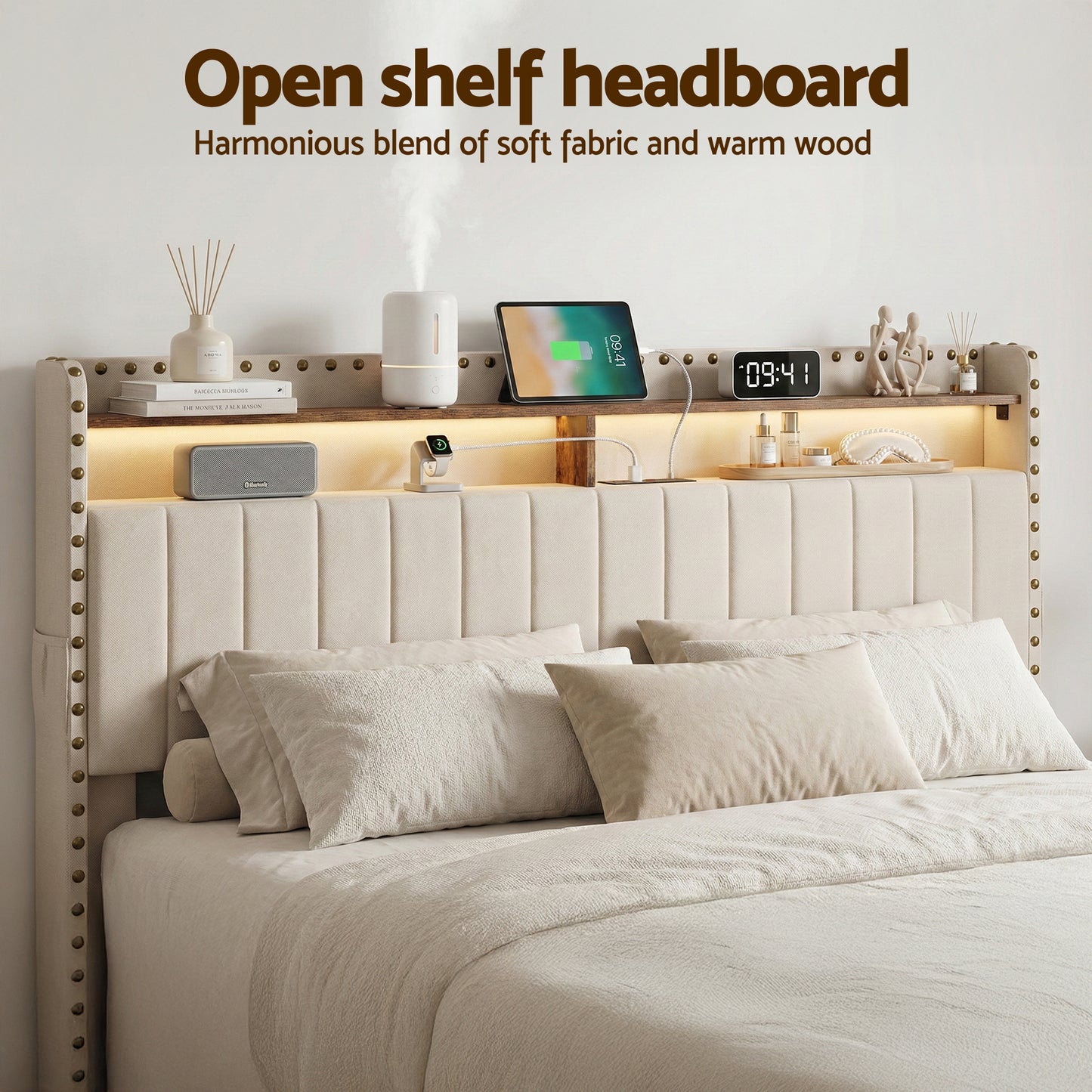 Solvian Bed Frame with Shelf Storage Drawers Charging Station Mood Lighting - Beige King