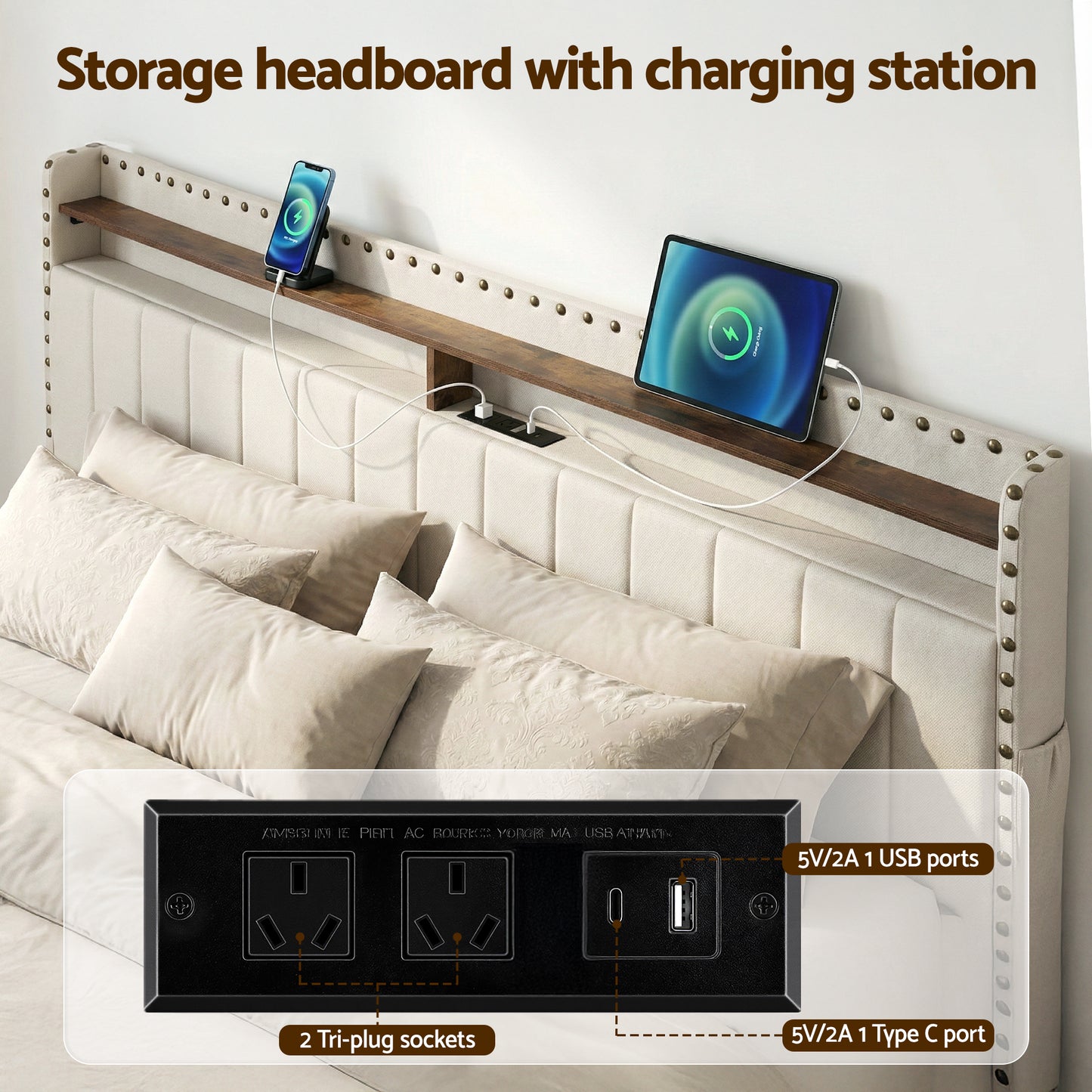Solvian Bed Frame with Shelf Storage Drawers Charging Station Mood Lighting - Beige King