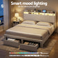 Solvian Bed Frame with Shelf Storage Drawers Charging Station Mood Lighting - Beige King