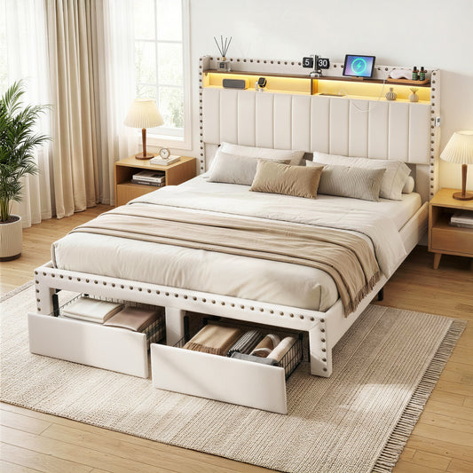Solvian Bed Frame with Shelf Storage Drawers Charging Station Mood Lighting - White Queen