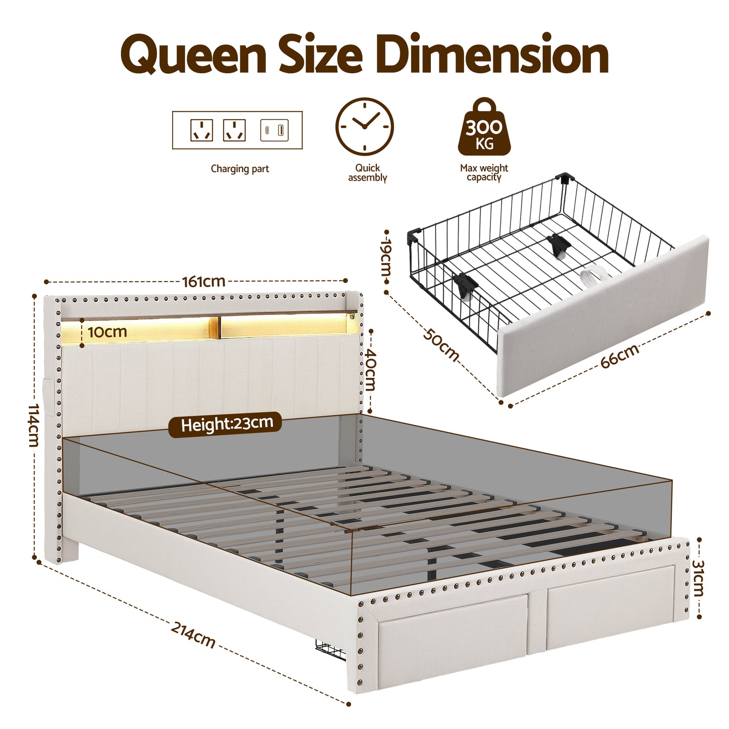 Solvian Bed Frame with Shelf Storage Drawers Charging Station Mood Lighting - White Queen
