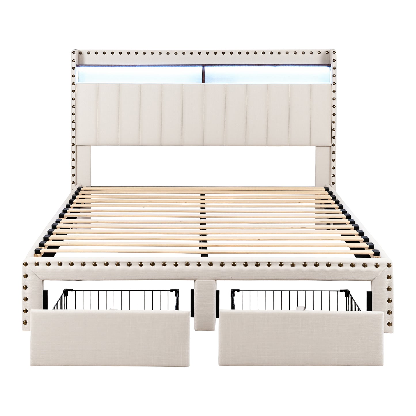Solvian Bed Frame with Shelf Storage Drawers Charging Station Mood Lighting - White Queen