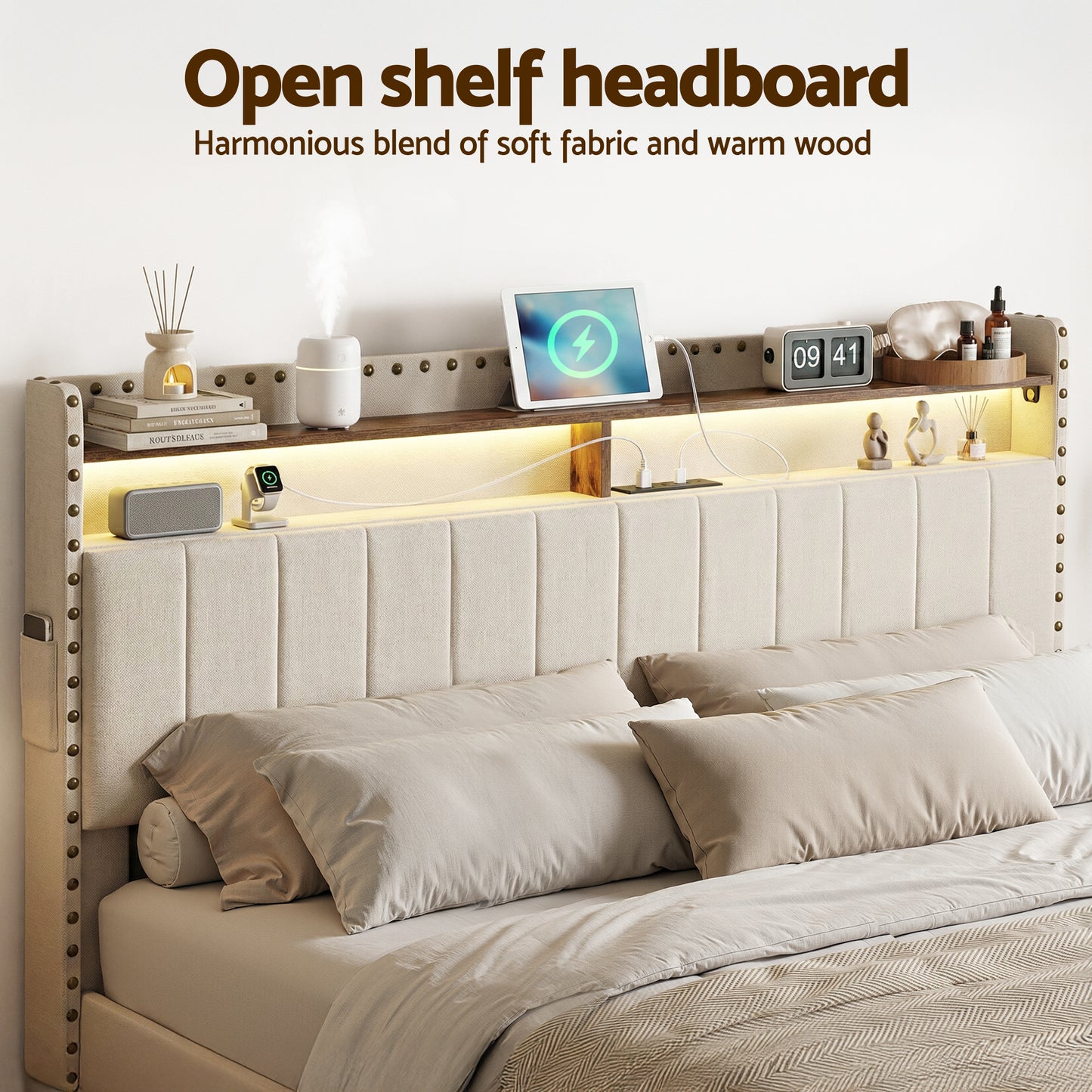 Solvian Bed Frame with Shelf Storage Drawers Charging Station Mood Lighting - White Queen