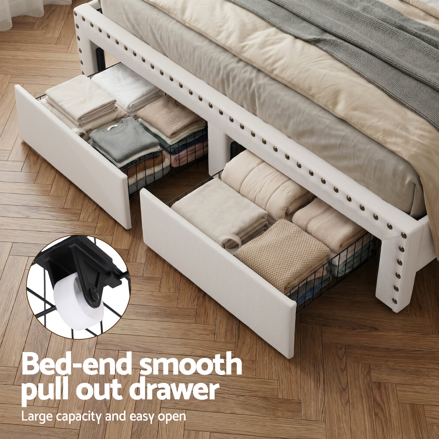 Solvian Bed Frame with Shelf Storage Drawers Charging Station Mood Lighting - White Queen