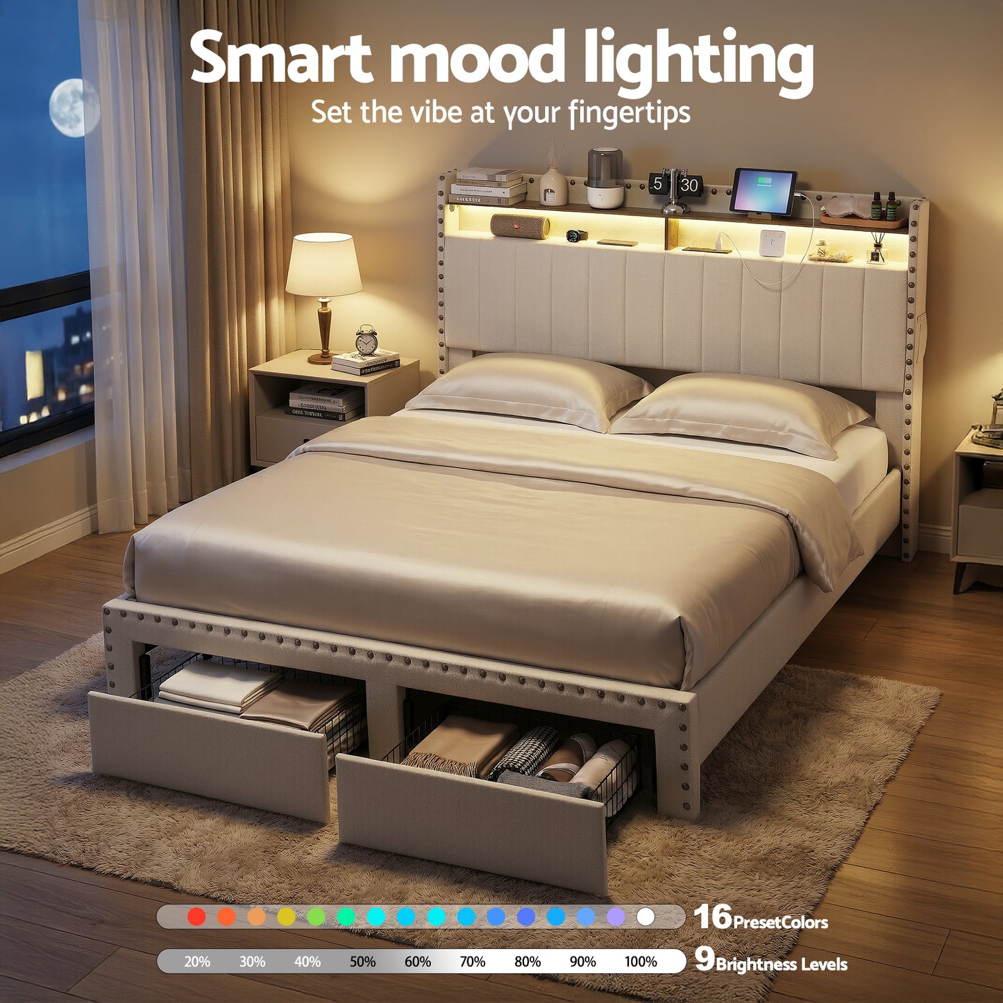 Solvian Bed Frame with Shelf Storage Drawers Charging Station Mood Lighting - White Queen