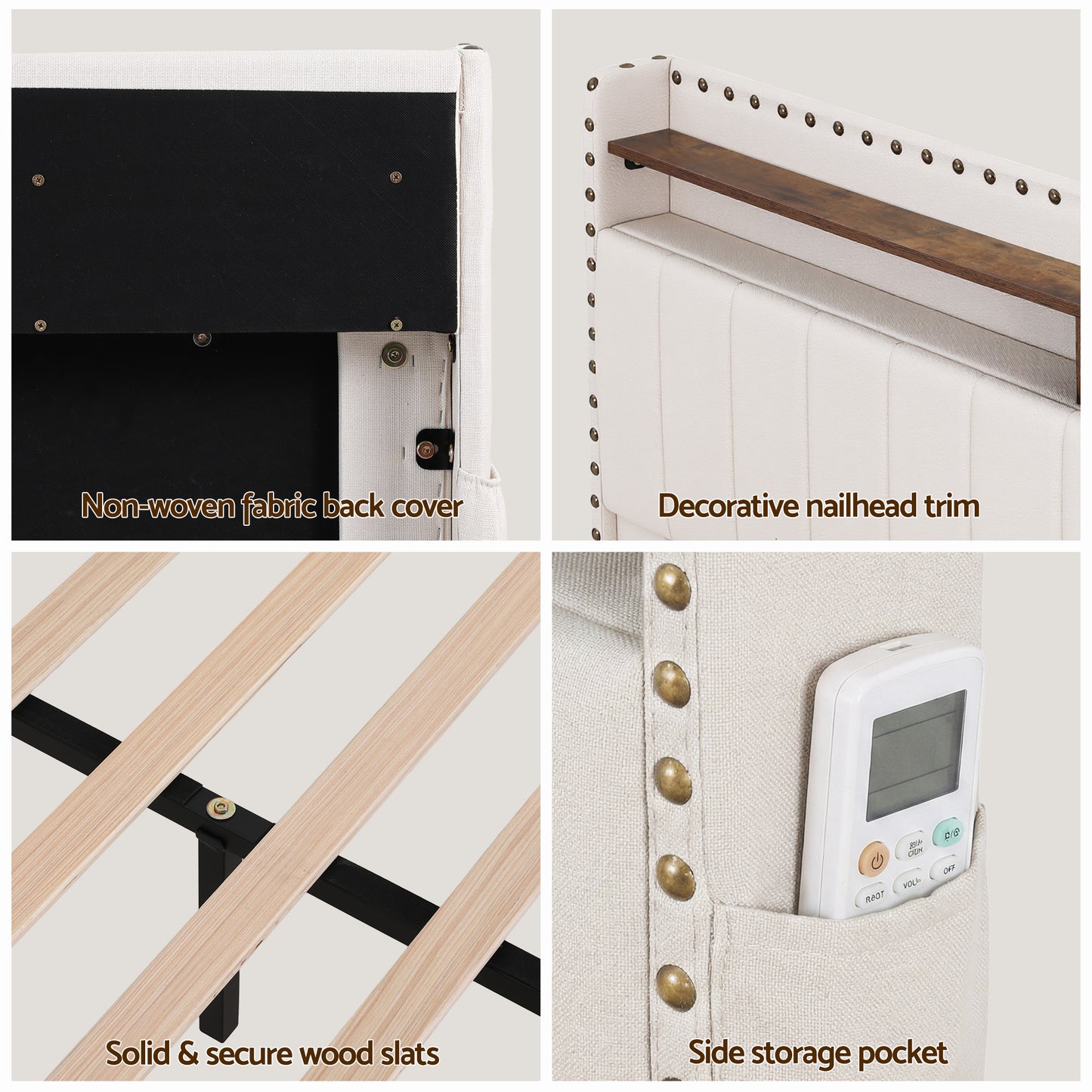 Solvian Bed Frame with Shelf Storage Drawers Charging Station Mood Lighting - White Queen
