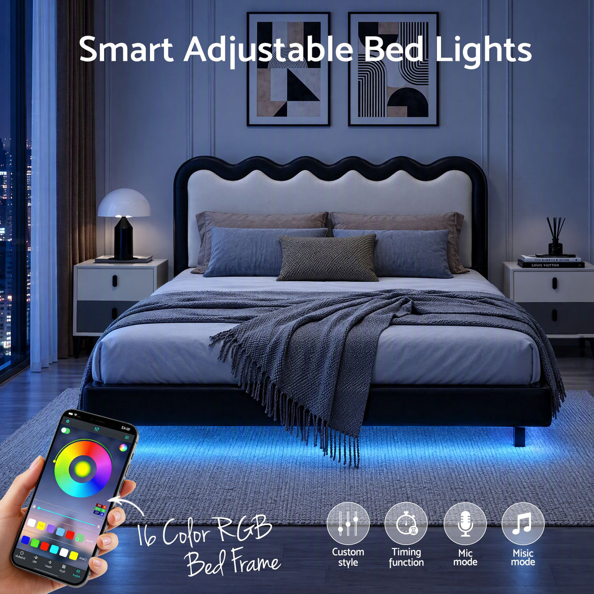 Ondine Bed Frame Floating Design with RGB LED and USB Charging - Black & Beige Double