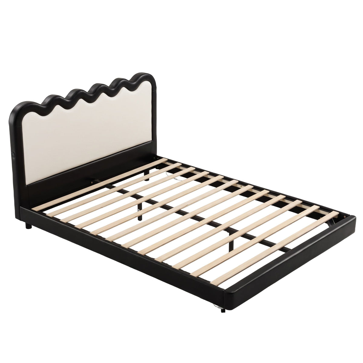 Ondine Bed Frame Floating Design with RGB LED and USB Charging - Black & Beige Queen