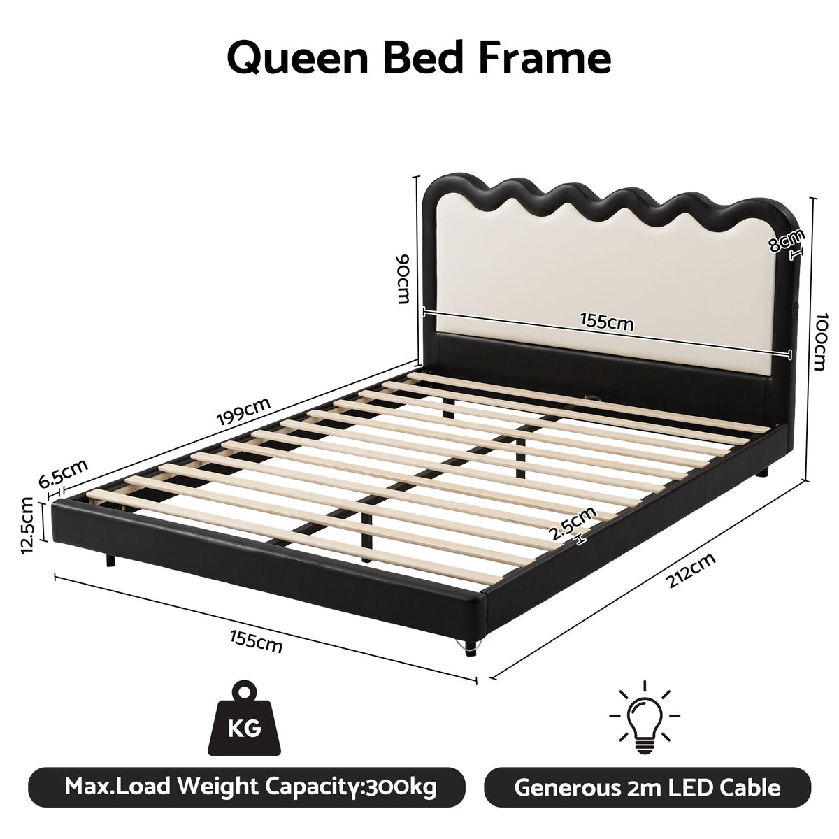 Ondine Bed Frame Floating Design with RGB LED and USB Charging - Black & Beige Queen