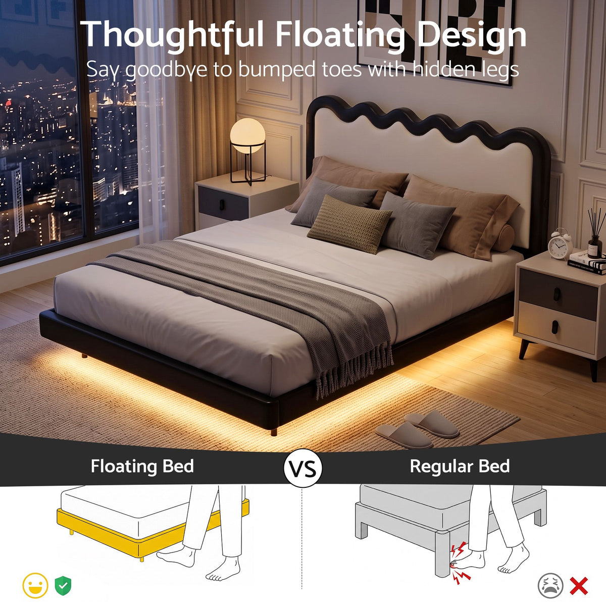 Ondine Bed Frame Floating Design with RGB LED and USB Charging - Black & Beige Queen