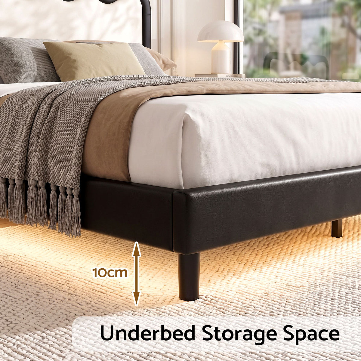 Ondine Bed Frame Floating Design with RGB LED and USB Charging - Black & Beige Queen