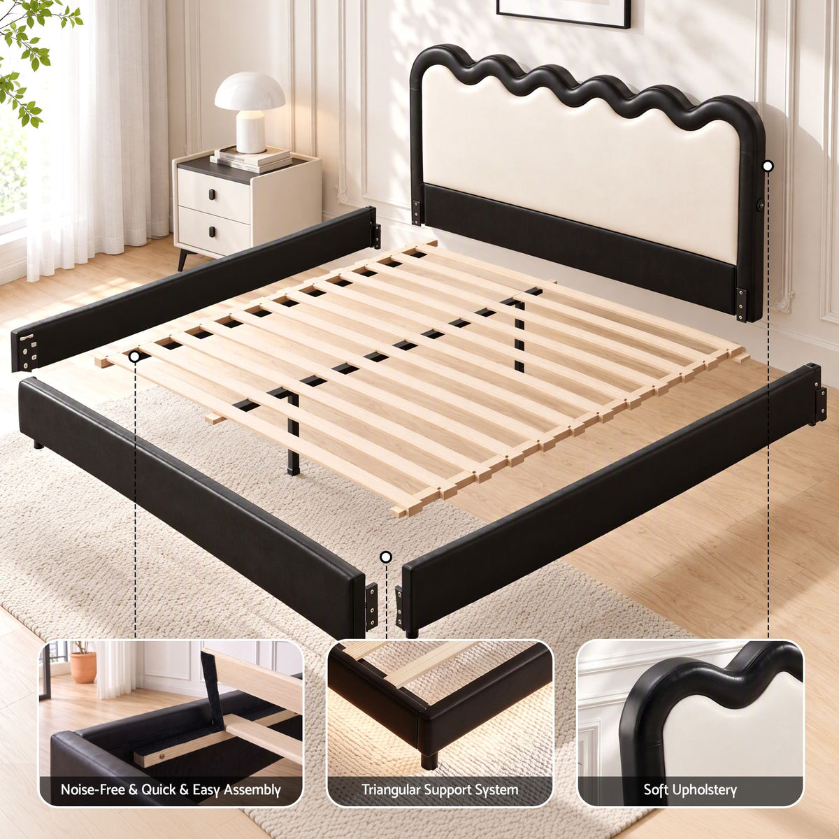 Ondine Bed Frame Floating Design with RGB LED and USB Charging - Black & Beige Queen