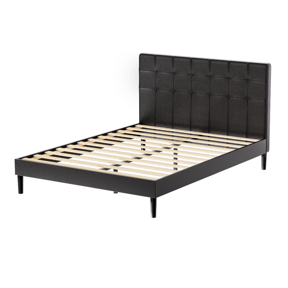 Eloise Bed Frame Base with LED Lights Charge Ports Leather - Black Double