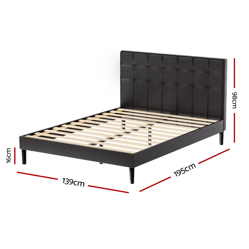 Eloise Bed Frame Base with LED Lights Charge Ports Leather - Black Double