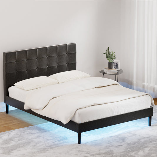 Eloise Bed Frame Base with LED Lights Charge Ports Leather - Black Double