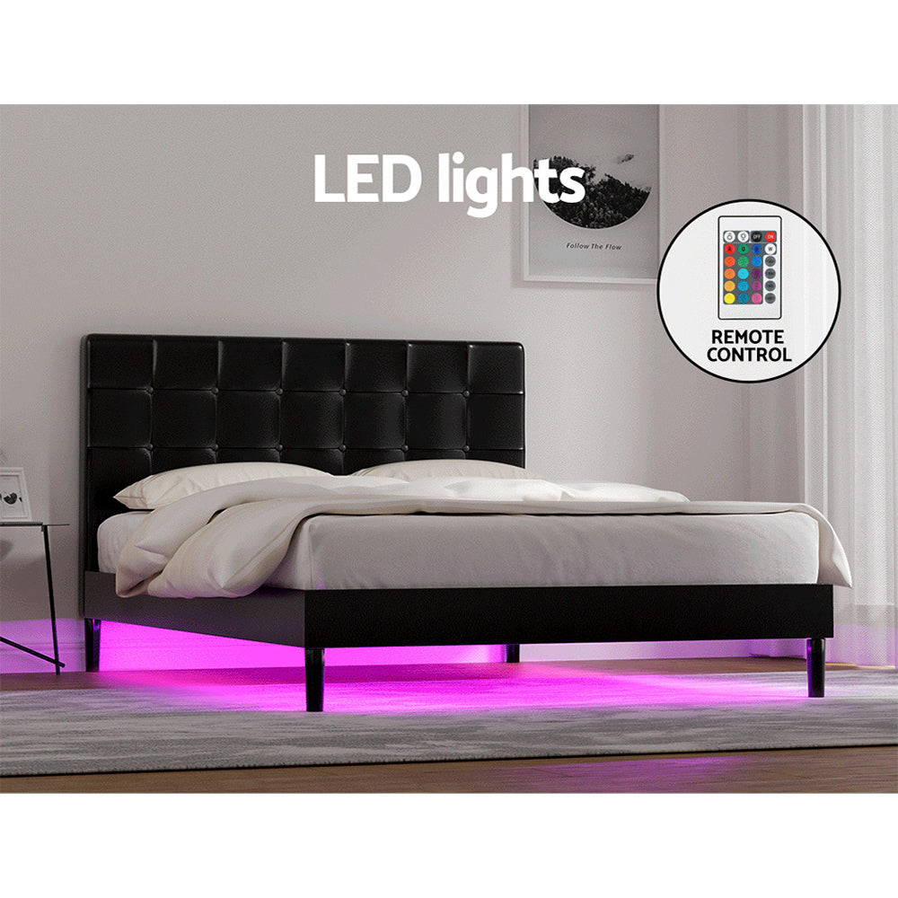 Eloise Bed Frame Base with LED Lights Charge Ports Leather - Black Double