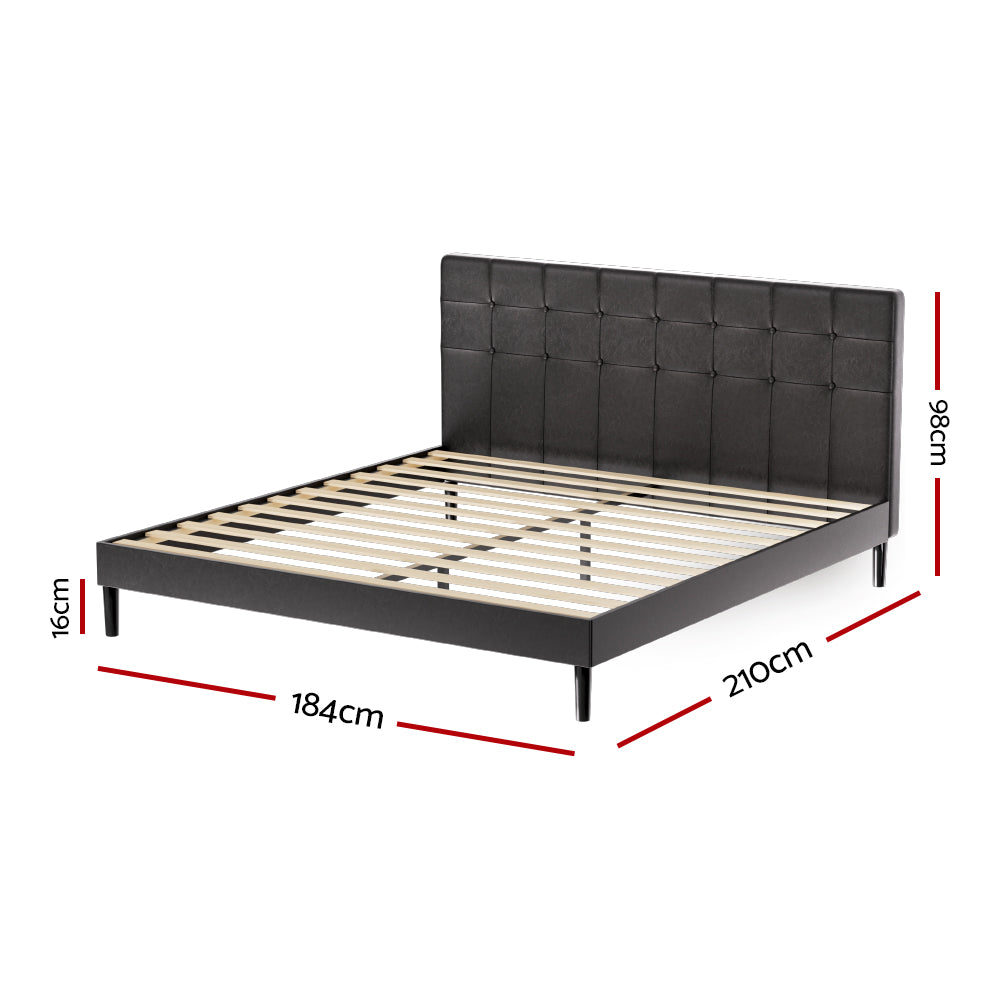 Eloise Bed Frame Base with LED Lights Charge Ports Leather - Black King