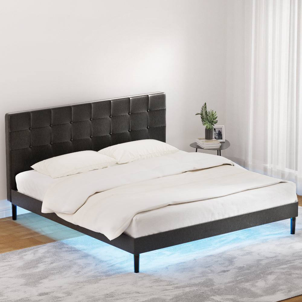 Eloise Bed Frame Base with LED Lights Charge Ports Leather - Black King