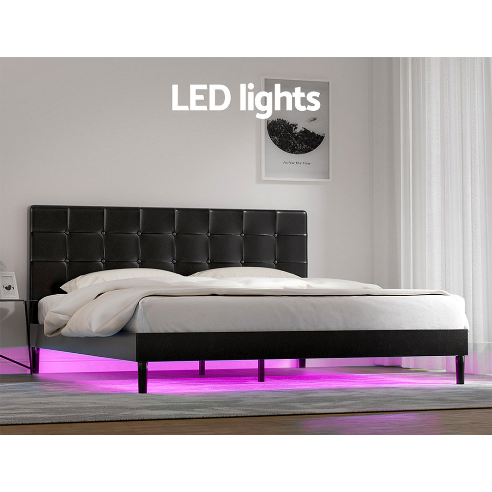 Eloise Bed Frame Base with LED Lights Charge Ports Leather - Black King