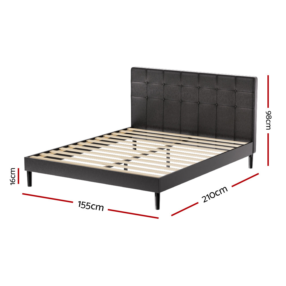 Eloise Bed Frame Base with LED Lights Charge Ports Leather - Black Queen