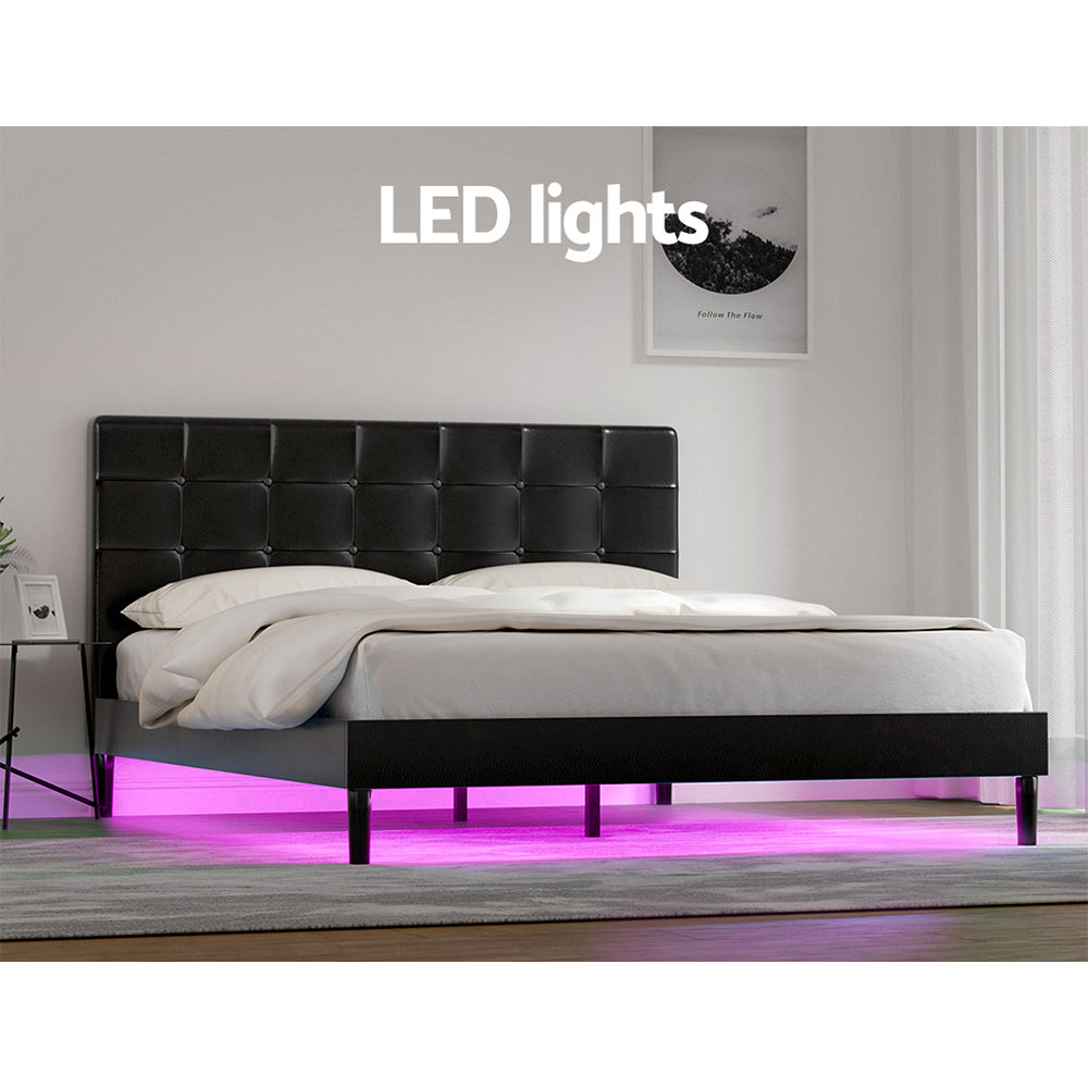 Eloise Bed Frame Base with LED Lights Charge Ports Leather - Black Queen