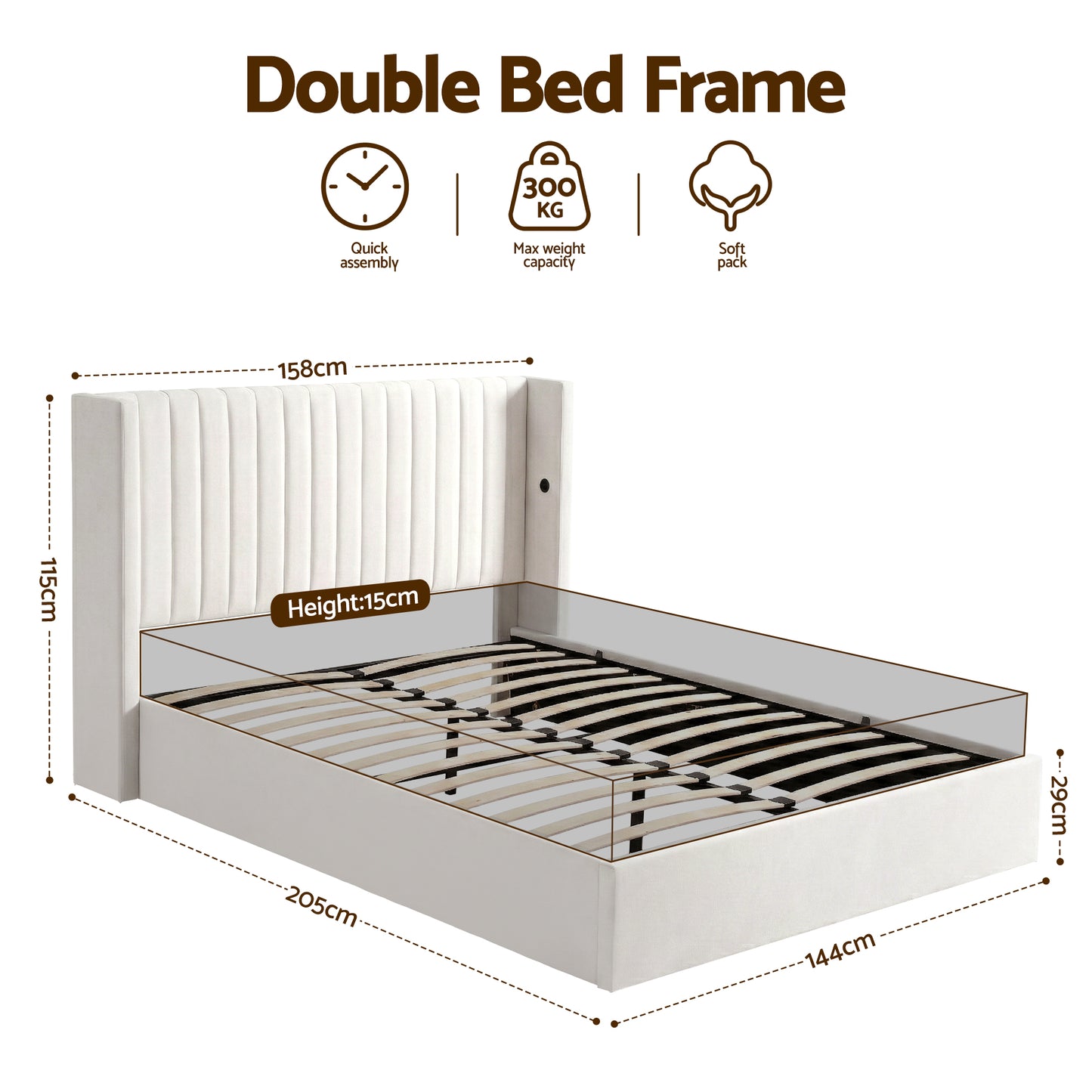 Alora Bed Frame with Gaslift Storage USB Type-C Charging Ports Velvet Upholstery - White Double