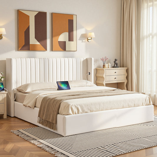 Alora Bed Frame with Gaslift Storage USB Type-C Charging Ports Velvet Upholstery - White King