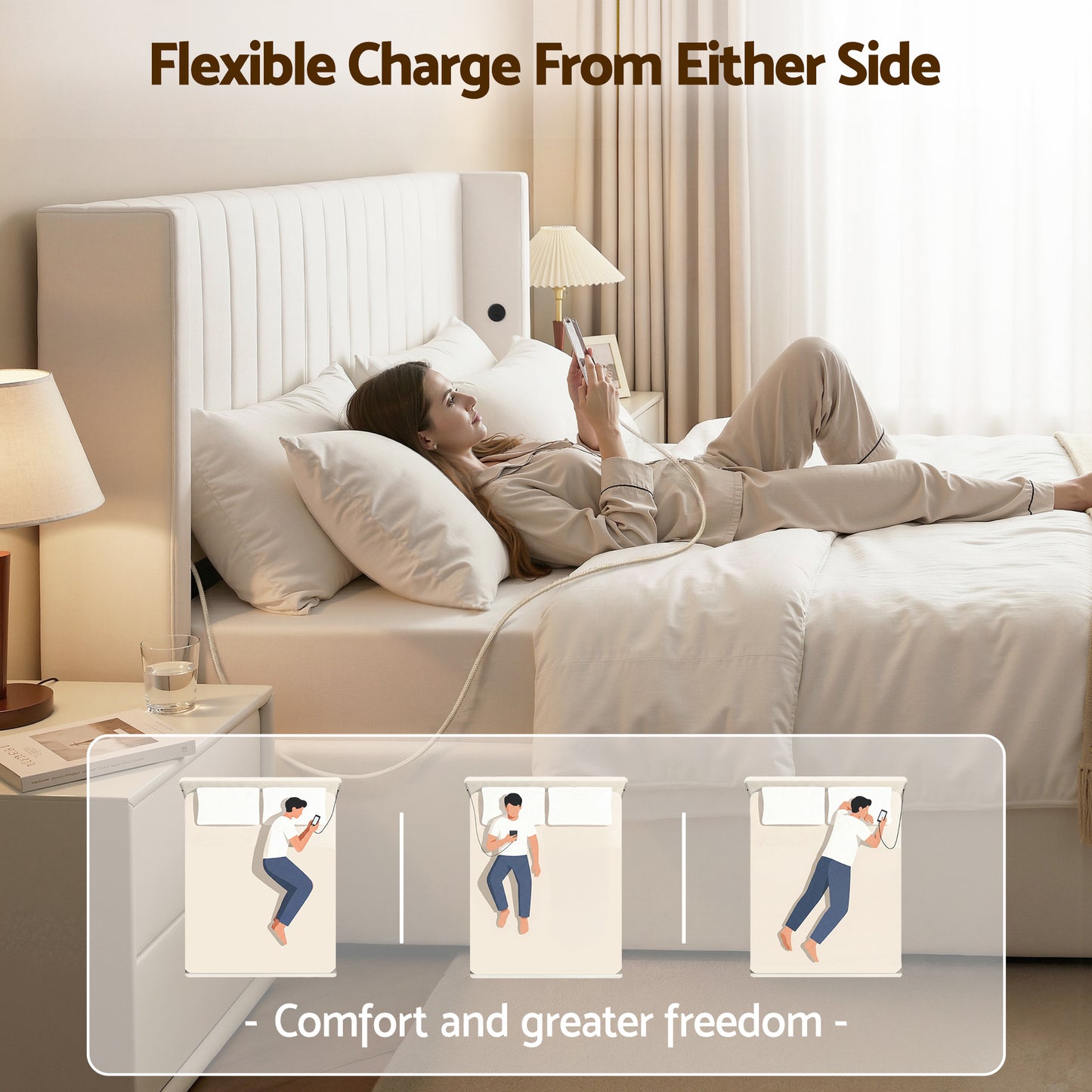 Alora Bed Frame with Gaslift Storage USB Type-C Charging Ports Velvet Upholstery - White King