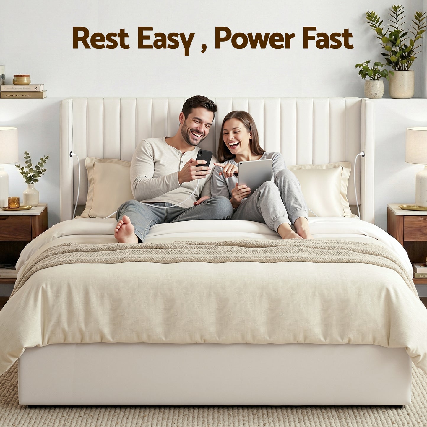 Alora Bed Frame with Gaslift Storage USB Type-C Charging Ports Velvet Upholstery - White King