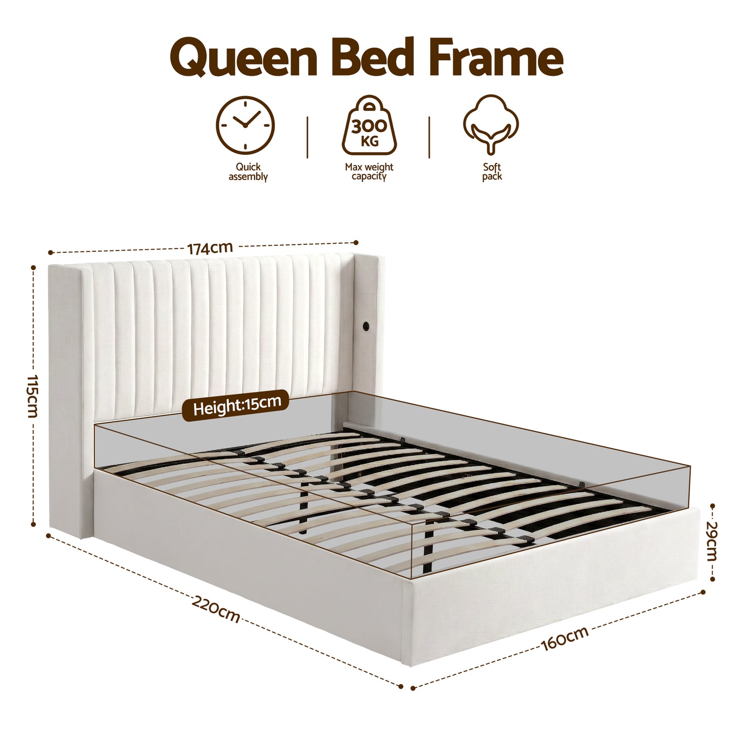 Alora Bed Frame with Gaslift Storage USB Type-C Charging Ports Velvet Upholstery - White Queen