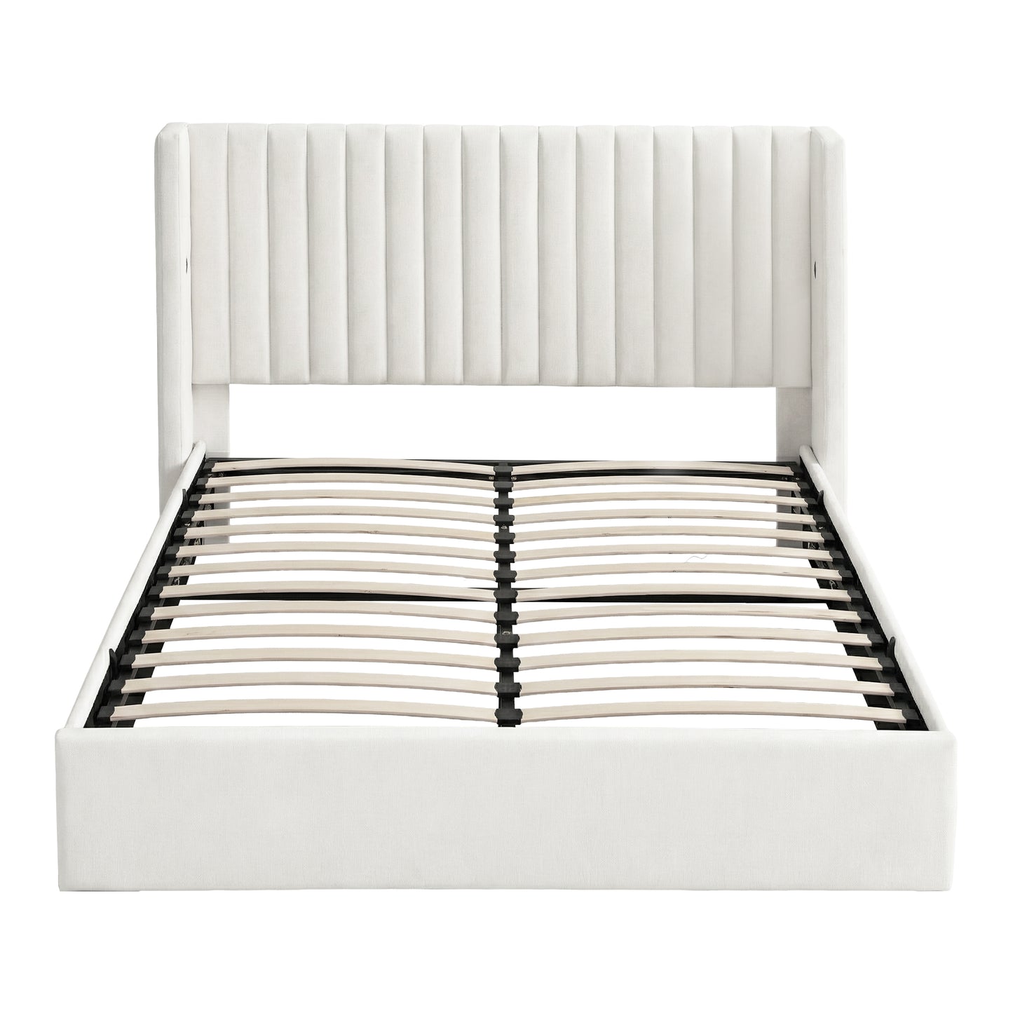 Alora Bed Frame with Gaslift Storage USB Type-C Charging Ports Velvet Upholstery - White Queen
